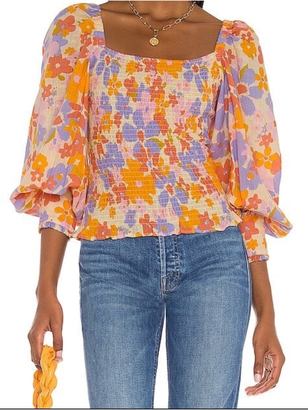 Free People Floral Smocked Square-Neck Top in Orange & Lavender